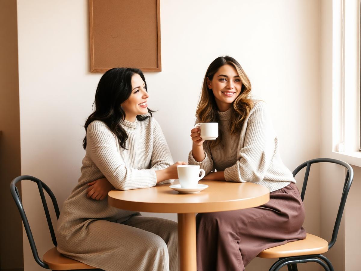 Twee vrouwen met koffie aan een cafétafel