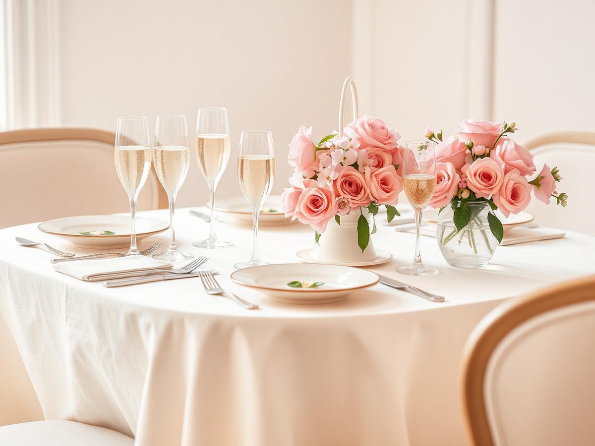 Gedekte high-tea tafel met blush rozen en champagne