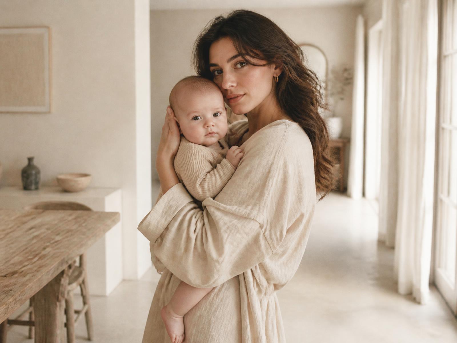 Moeder met baby in een licht, minimalistisch interieur